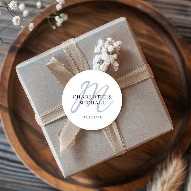 Simple, elegant, monogram classic round sticker (Simple, elegant, monogram classic round sticker with your name and date.)