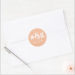 Simple, elegant monogram coral peach wedding classic round sticker<br><div class="desc">Simple,  elegant monogram coral peach wedding sticker. It displays your initial and the date of your wedding in white on coral peach background. It coordinates with our "Vintage oleander flowers" wedding collection.</div>