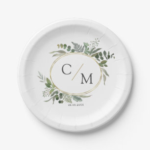 Simple elegant monogram eucalyptus  paper plate