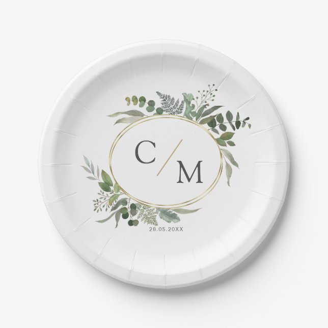 Simple elegant monogram eucalyptus  paper plate (Front)