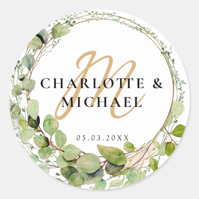 Simple, elegant, monogram eucalyptus weddi Sticker (Front)