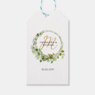 Simple, elegant, monogram eucalyptus wedding gift tags