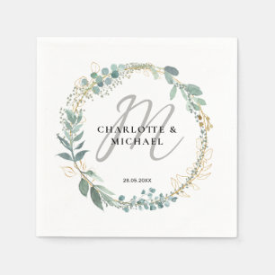 Simple, elegant, monogram eucalyptus wedding napkin