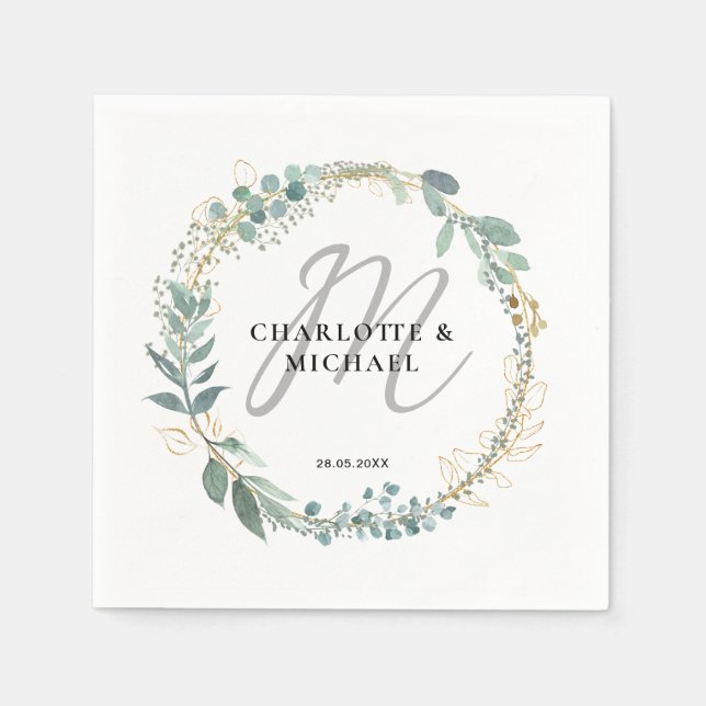 Simple, elegant, monogram eucalyptus wedding  napkin (Front)