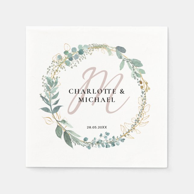 Simple, elegant, monogram eucalyptus wedding  napkin (Front)