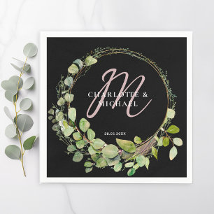 Simple, elegant, monogram eucalyptus wedding napkin