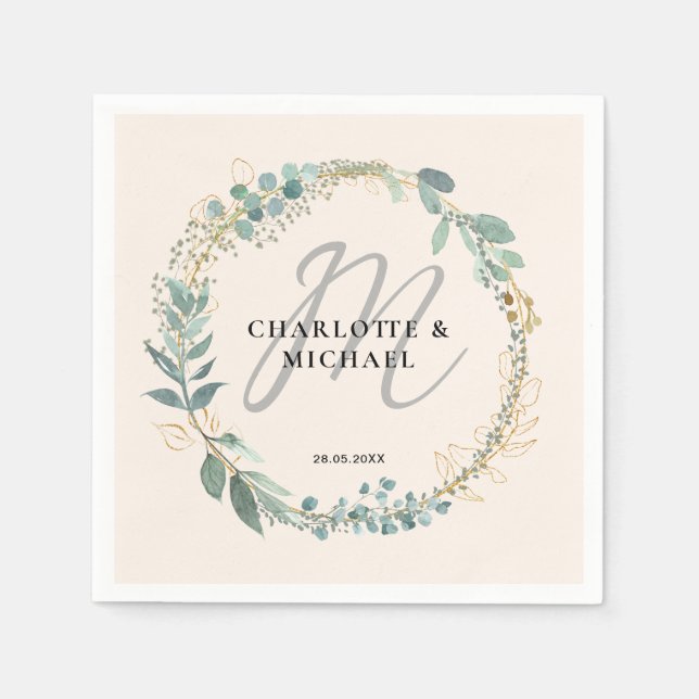 Simple, elegant, monogram eucalyptus wedding  napkin (Front)