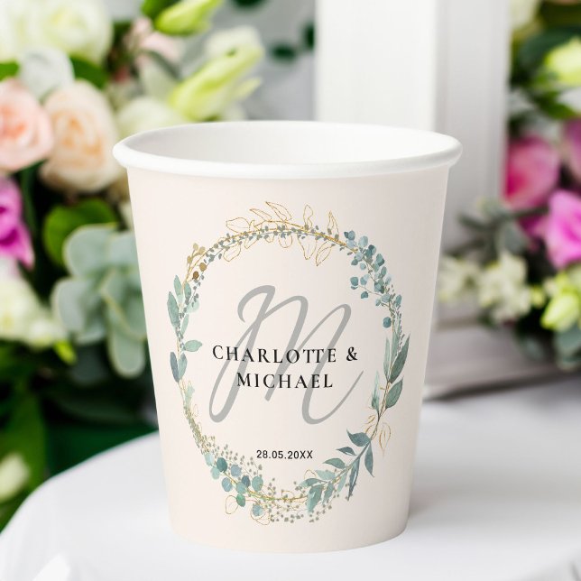 Simple, elegant, monogram, eucalyptus wedding paper cups (Simple, elegant, monogram, eucalyptus wedding paper cups with your monogram, names and date.)