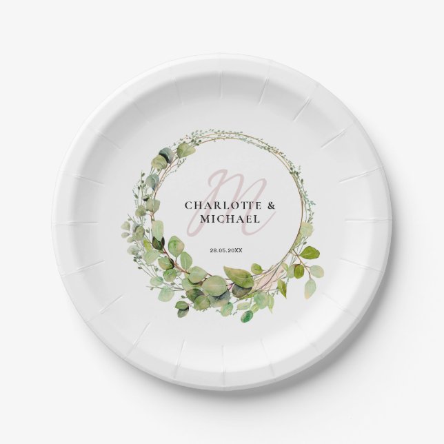 Simple, elegant, monogram eucalyptus wedding  paper plate (Front)