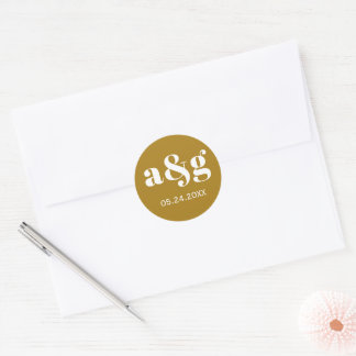 Simple, elegant monogram golden brown wedding classic round sticker