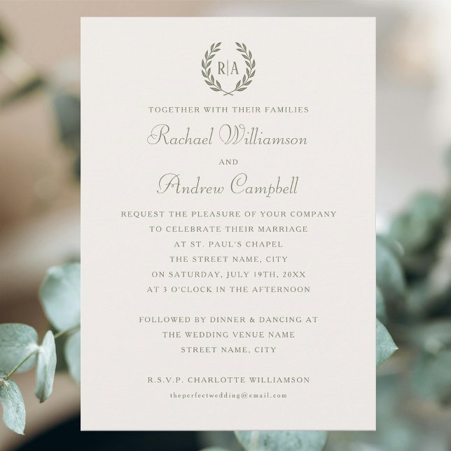 Simple Elegant Monogram Green Cream Wedding Invitation (Creator Uploaded)