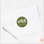 Simple, elegant monogram green wedding classic round sticker<br><div class="desc">Simple,  elegant monogram green wedding sticker. It displays your initial and the date of your wedding in white on green background. It coordinates with our "Vintage yellow jasmine" collection.</div>