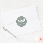 Simple, elegant monogram grey wedding classic round sticker<br><div class="desc">Simple,  elegant monogram grey wedding sticker. It displays your initial and the date of your wedding in white on grey background. It coordinates with our "Eucalyptus branch winter wedding" collection.</div>