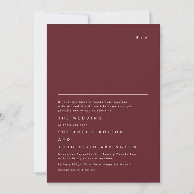 Simple Elegant Monogram Maroon Burgundy Wedding Invitation (Front)