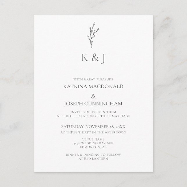 Simple Elegant Monogram Minimalist Chic Wedding Postcard (Front)