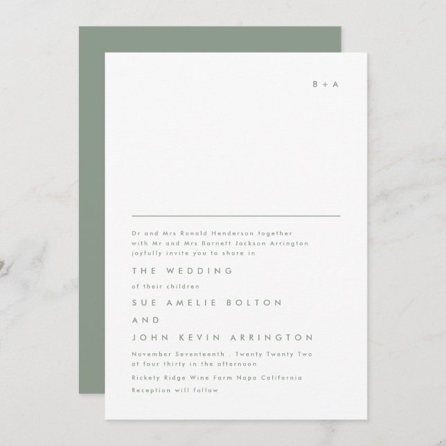 Simple Elegant Monogram Moss Green Wedding Invitation (Front/Back)