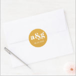 Simple, elegant monogram mustard yellow wedding classic round sticker<br><div class="desc">Simple,  elegant monogram mustard yellow wedding sticker. It displays your initial and the date of your wedding in white on yellow background. It coordinates with our "Eucalyptus branch" collection.</div>