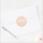 Simple, elegant monogram peach pink wedding classic round sticker<br><div class="desc">Simple,  elegant monogram peach pink wedding sticker. It displays your initial and the date of your wedding in white on peach pink background. It coordinates with our "Coral peach pink poppies" wedding collection.</div>