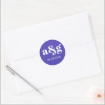 Simple, elegant monogram purplish blue wedding  classic round sticker<br><div class="desc">Simple,  elegant monogram purplish blue wedding sticker. It displays your initial and the date of your wedding in white on grey background. It coordinates with our "Purple eucalyptus branch winter wedding" collection.</div>