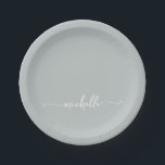 Simple Elegant Monogram Script Paper Plate<br><div class="desc">Girly Modern Minimalist Elegant Sage Green Monogram Name Script Signature Custom Personalised Paper Plates. Featuring first name in a pretty hand lettering swash tail font calligraphy (or typography) on sage green or dusty green colour background. These are easy to customise it. Great for housewarming, also for birthday, wedding, sweet 16...</div>