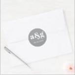 Simple, elegant monogram ultimate grey wedding classic round sticker<br><div class="desc">Simple,  elegant monogram ultimate grey wedding sticker. It displays your initial and the date of your wedding in white on ultimate grey background. It coordinates with our "Grey and yellow seahorse beach wedding" collection.</div>