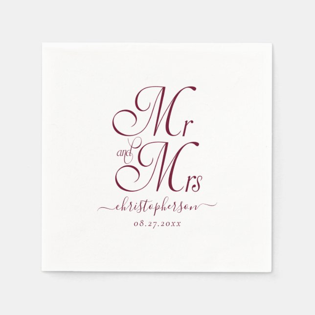 Simple Elegant Mr and Mrs Burgundy Script Wedding Napkin (Front)
