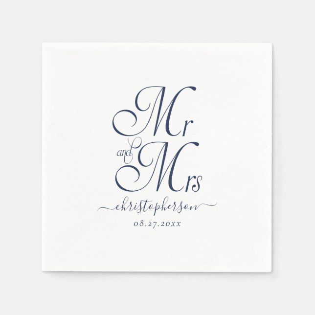 Simple Elegant Mr and Mrs Navy Blue Script Wedding Napkin (Front)