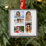 Simple Elegant Multi Photo Personalised Name Metal Tree Decoration<br><div class="desc">Simple Elegant Multi Photo Personalised Name Christmas Ornament features five of your favourite photos with your custom personalised name in modern black script typography. Simple,  stylish and classy. Created by © Evco Studio www.zazzle.com/store/evcostudio</div>