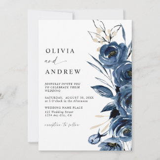 Simple Elegant Navy Blue Boho Floral Wedding Invitation