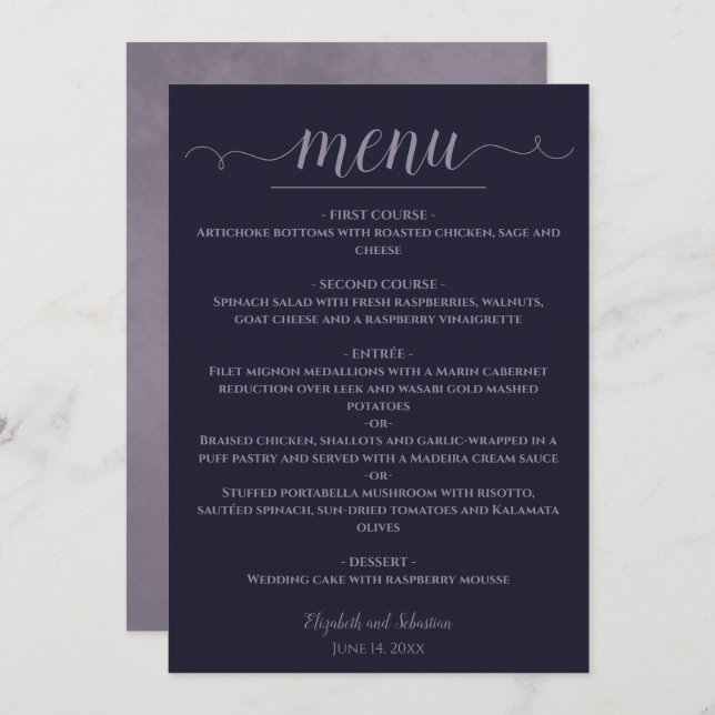 Simple Elegant Navy Blue & Dusty Purple Wedding Menu (Front/Back)