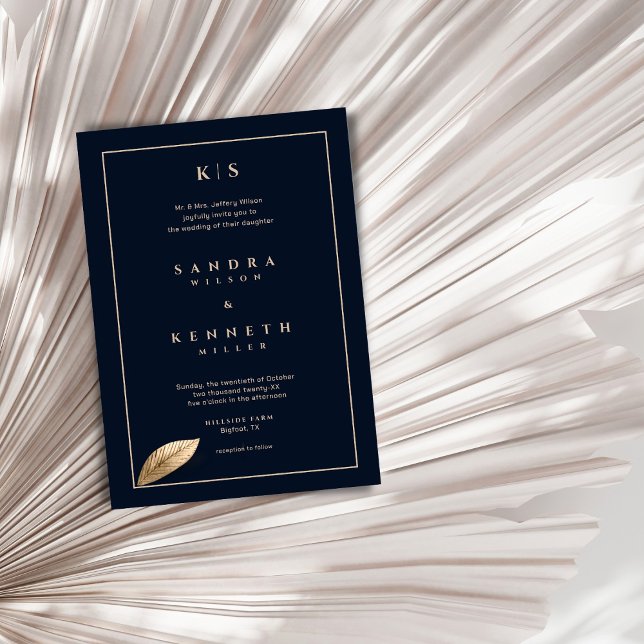 Simple & Elegant Navy Blue Gold Framed Wedding Invitation (Creator Uploaded)