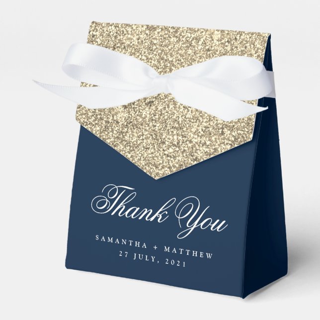 Simple Elegant Navy Blue Gold Glitter Thank You Favour Box (Front Side)