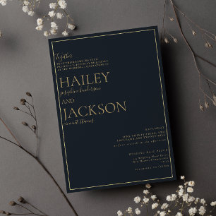 Simple elegant navy blue gold minimalist wedding invitation