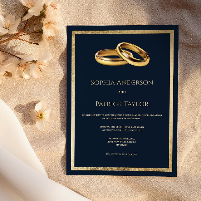 Simple elegant navy blue gold rings Wedding  Invitation (Simple elegant navy blue gold rings Wedding)