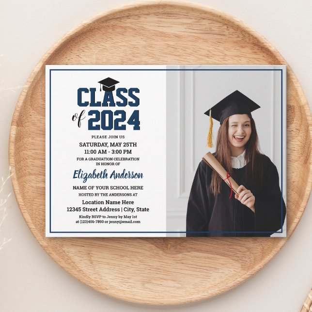 Simple Elegant Navy Blue Graduate Photo Graduation Invitation (Creator Uploaded)