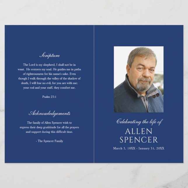 Simple Elegant Navy Blue Modern Funeral Program (Front)