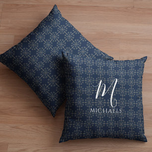 Simple Elegant Navy Blue Silver Snowflake Monogram Cushion