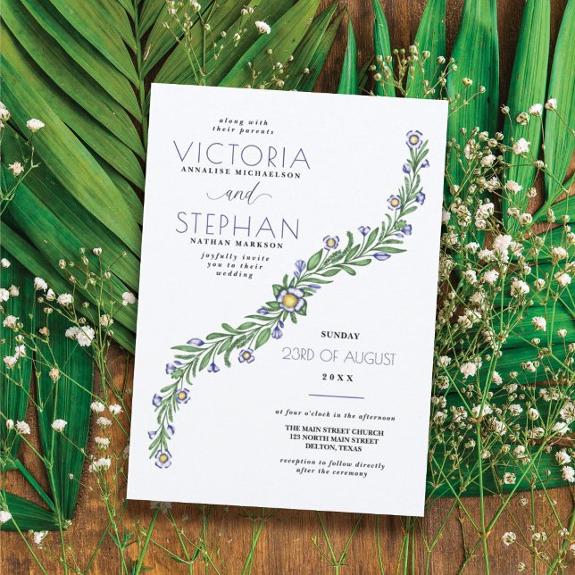 Simple Elegant Navy Blue Sweeping Floral Wedding Invitation (Creator Uploaded)