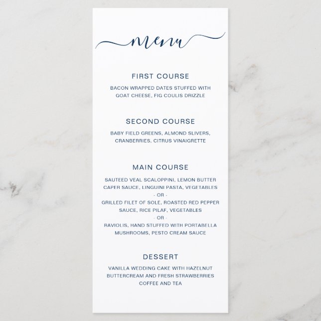 Simple Elegant Navy Blue Wedding Menu (Front)