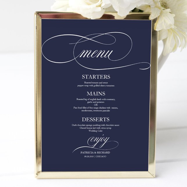 Simple Elegant Navy Blue Wedding Menu Sign (Creator Uploaded)