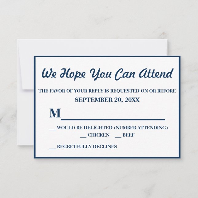 Simple Elegant Navy Blue Wedding RSVP Card (Front)