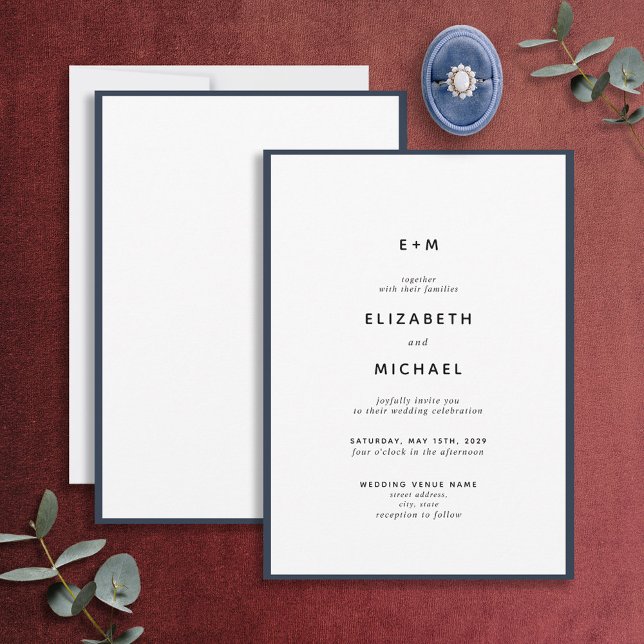 Simple Elegant Navy Blue & White Monogram Wedding  Invitation (Creator Uploaded)