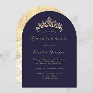 Simple Elegant Navy Gold Tiara Quinceanera  Invitation
