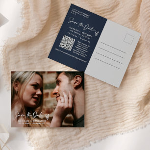Simple Elegant Navy Save the Date QR Code Photo Postcard