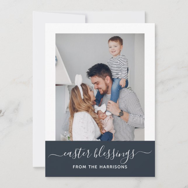 Simple Elegant Navy Script Family Photo Easter Holiday Card (Front)