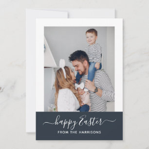 Simple Elegant Navy Script Family Photo Easter Holiday Card