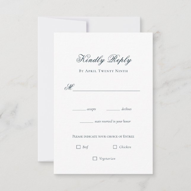 Simple Elegant Navy & white wedding RSVP Card (Front)