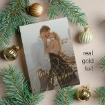 Simple elegant newlywed Merry Christmas gold<br><div class="desc">Elegant luxurious real gold foil script wedding couple photo overlay name and text personalised first Christmas holiday card.          Please note that you can choose the colour of foil: gold,  rose gold,  or silver.</div>