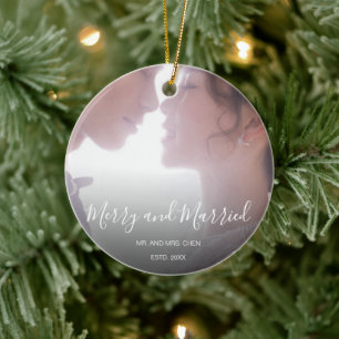Simple Elegant Newlywed Photo First Christmas Ceramic Tree Decoration