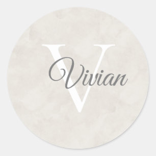 Simple Elegant Off White Watercolor Monogram Name Classic Round Sticker